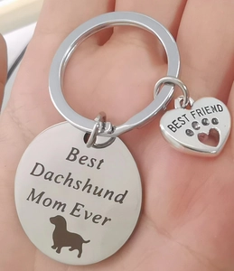Close-up of Best Dachshund Mom Ever engraving on a stainless steel keychain