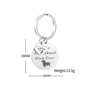 Polished stainless steel Dachshund Mom keyring with heart pendant, 30mm diameter