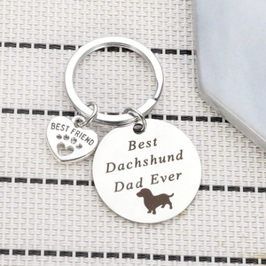 Polished stainless steel Dachshund Dad keychain with heart Best Friend charm and dog silhouette