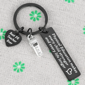 Stainless Steel PE Teacher Appreciation Gift Keychain With Heart Whistle And Engraved Rectangle Best PE Teacher Ever Pendant