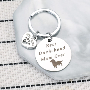 Polished stainless steel Dachshund Mom keychain with engraved round and heart pendants
