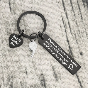 Stainless steel keychain with Best PE Teacher Ever heart pendant and whistle charm