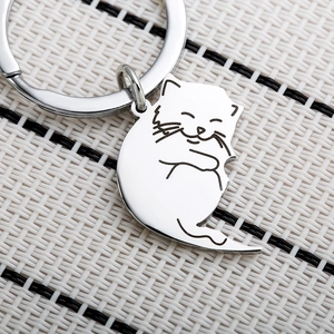 Cute minimalist cartoon cat stainless steel keychain with polished silver metal finish