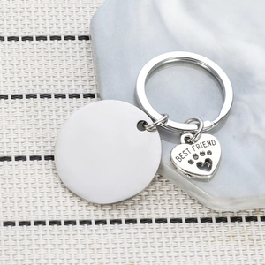 Detail of silver stainless steel dachshund keychain with engraved Best Friend heart charm