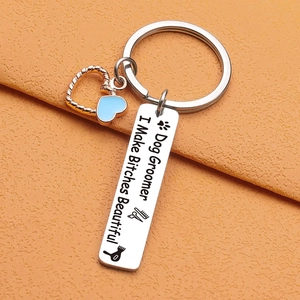 Dog groomer keychain with heart charm and engraved humorous metal salon gift tag