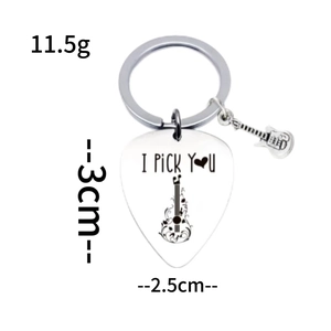 Stainless steel guitar pick keychain with I PICK YOU engraving and small guitar charm