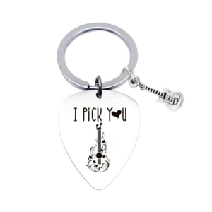 Stainless Steel Guitar Pick Keychain With Mini Guitar Charm I Pick You Engraved Musical Keyring For Couples Music Lovers Gift