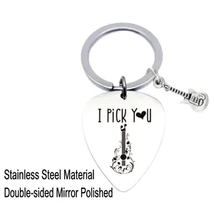 Polished stainless steel guitar pick keychain with I Pick You engraving and charm
