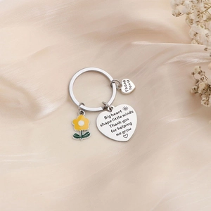 Stainless steel teacher keychain with flower charm and engraved thank you heart pendants