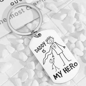 Daddy Is My Hero stainless steel keychain with creative cartoon father and child engraving
