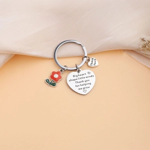 Stainless steel teacher gift keychain with flower charm and engraved big heart pendant