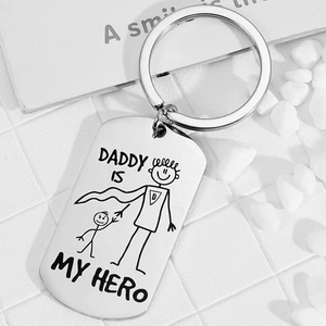 Polished stainless steel Daddy Is My Hero keychain with cartoon hero engraving for Father's Day