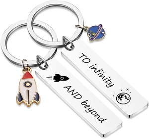 Detailed view of stainless steel couple keychains with rocket and planet charms