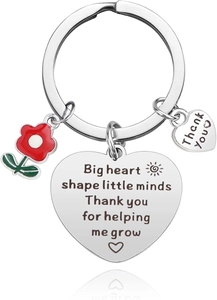 Detail of silver heart keychain with red flower charm and engraved Thank You message