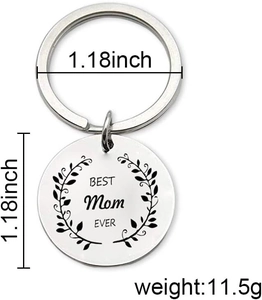 Detail showing 1.18 inch stainless steel Best Mom Ever keychain with floral engraving