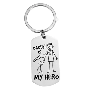 Stainless steel rectangle keychain with Daddy Is My Hero cartoon engraving
