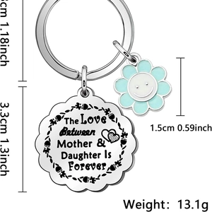 Porte-clés mère et fille en acier inoxydable avec gravure et pendentif fleur bleue