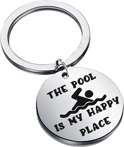 Macro shot of silver stainless steel keychain with The Pool is My Happy Place engraving