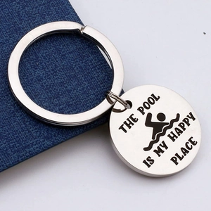 The Pool Is My Happy Place Stainless Steel Keychain Swimming Theme Round Pendant Metal Key Ring Swimmer Gift