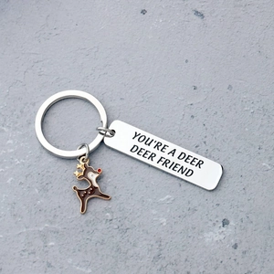 Porte-clés cerf en acier inoxydable avec plaque gravée et pendentif coloré en émail mignon