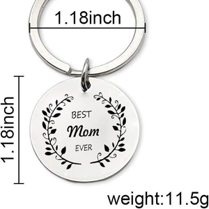 Polished stainless steel Best Mom Ever keychain with laser engraving and size dimensions