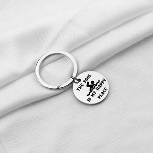 The Pool is My Happy Place engraved stainless steel keychain with swimming icon and ring