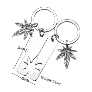 Stainless steel maple leaf couple keychain set with 50mm rectangular pendant tag