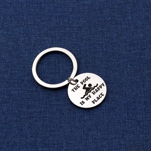 Silver stainless steel swimming keychain with 'The Pool is My Happy Place' engraving