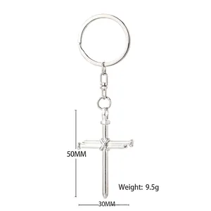 Silver metal cross nail keychain with 50x30mm dimensions and 9.5g lightweight design