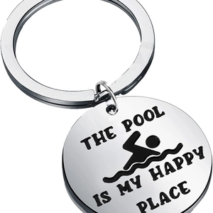 Polished stainless steel swimming keychain with The Pool is My Happy Place engraving