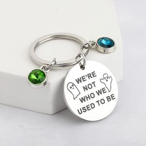 Stainless Steel Ghost Keychain With Green Blue Rhinestone Pendant Engraved Funny Halloween Gift For Men Women Accessory