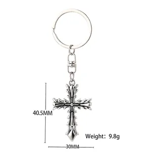 Vintage Gothic thorn cross keychain in retro silver alloy for hip-hop style fashion