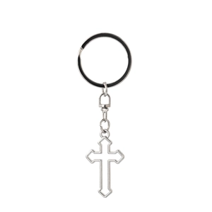 Minimalist silver hollow cross keychain with polished metal finish on white background