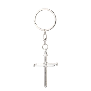 Silver metal cross keychain made of three industrial nails with polished metal ring