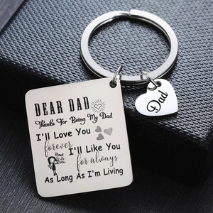 Polished stainless steel Father's Day keychain with engraved tag and heart on gift box
