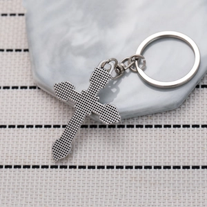 Hip hop black gem cross metal keychain with vintage silver finish and swivel clasp hook