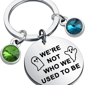 Stainless steel ghost keychain with engraved quote and colorful gemstone charms