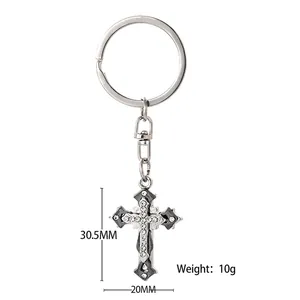 Vintage rhinestone double-layer cross keychain in silver metal finish weighing 10g