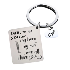 Polished stainless steel keychain with square engraved tag and small heart charm for dad