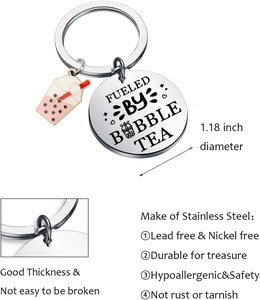 Detailed macro view of 1.18 inch stainless steel bubble tea keychain with engraved text