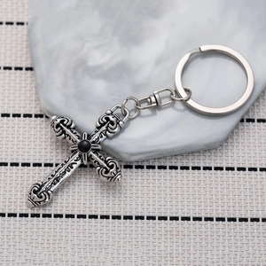 Vintage Gothic Cross Keychain Zinc Alloy With Black Gem Hip Hop Punk Bag Pendant Metal Keyring Accessories For Men Women