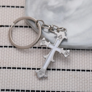 Vintage silver cross keychain with four rhinestones and gothic gothic floral details