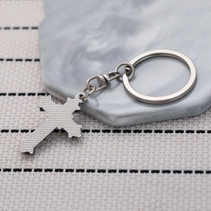 Three-layer cross keychain with rhinestone inlay and silver metallic grid texture
