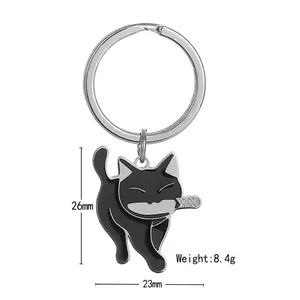 Cartoon black cat keychain with knife charm, stainless steel pendant for backpacks, 8.4g