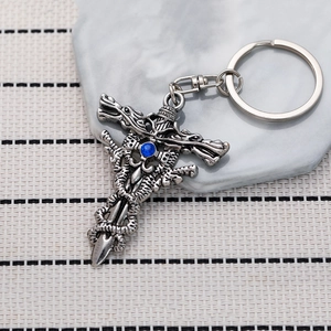 Vintage European Style Double Dragon Sword Blue Rhinestone Keychain Gothic Cross Metal Pendant Backpack Accessories Gift