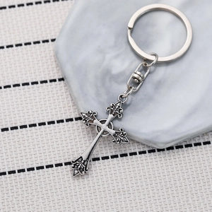 Porte-clés Croix Argent Vintage Gothique Anneau en Métal Pendentif Fleur de Lys Motif Floral pour Sac à Dos Bijoux Homme Femme