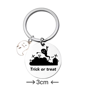 Stainless steel Halloween keychain featuring a ghost pendant and Trick or Treat engraved disc