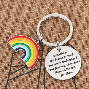 Rainbow stainless steel keychain with inspirational quote on brown woven background