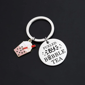Boba Milk Tea Stainless Steel Keychain For Women Fueled By Bubble Tea Enamel Charm Key Ring Jewelry Gift For Friends