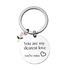 Polished stainless steel rose keychain with engraved 'You are my dearest love' tag